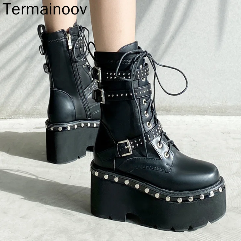 

Termainoov Women Boots New Martin Boots Winter Shoes Rivet Metal Belt Buckle Lace Up Nightclub Warm Ankle Boots