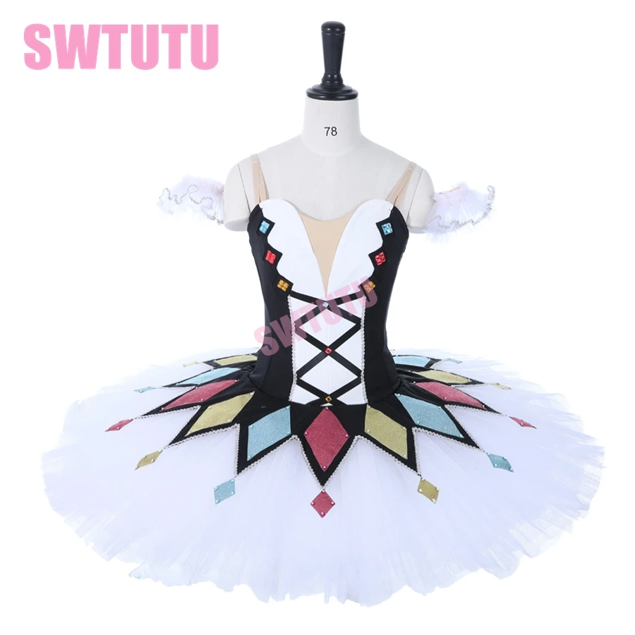 

Girls Black White Harlequinade Competition Stage Professional Ballet Tutu Women Adult Pancake Classical Dance Costume TutuBT9050