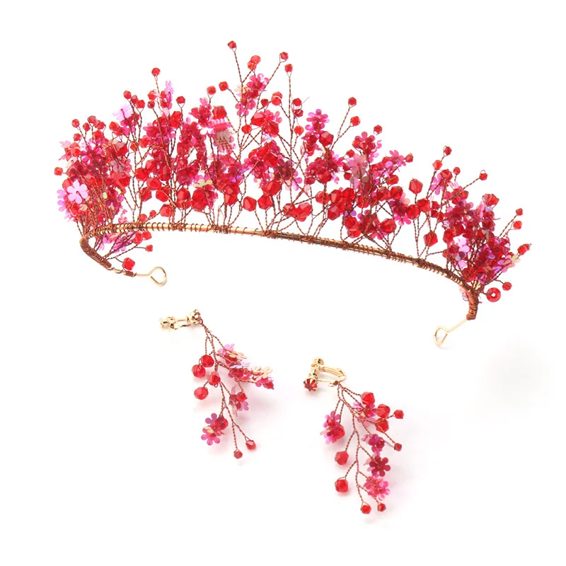 

New Red Crystal Crown Chinese-Style Wedding Headdress Handmade tiara earrings Wedding Bridal Accessories