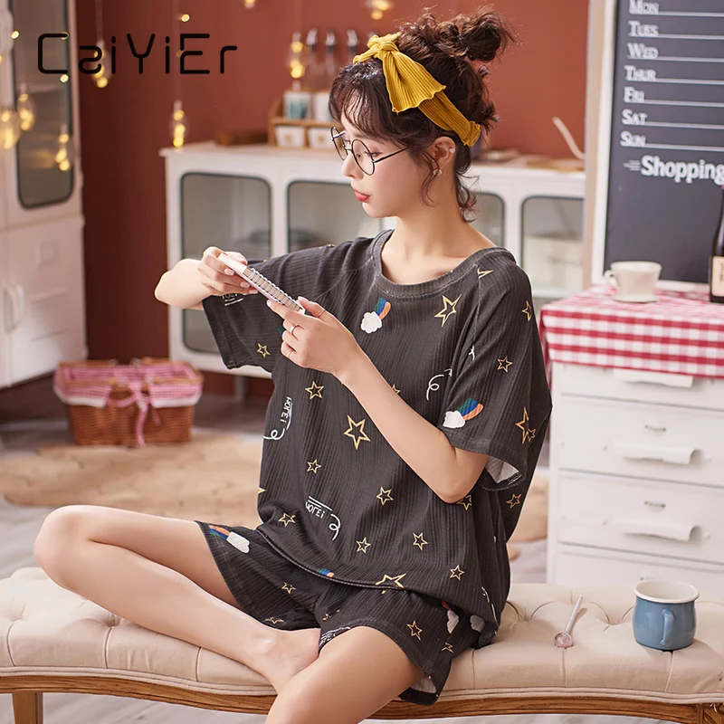 CAIYIER Summer Women Pajamas Set Cute Cartoon Print Sleepwear Short Sleeve Shorts Girl Nightwear Homewear Leisure Sexy Hot Pants