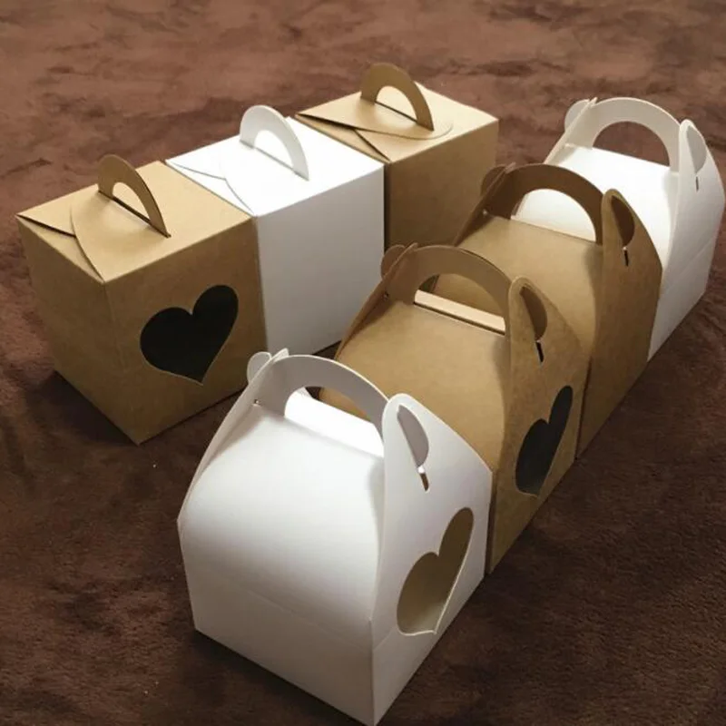 

50pcs Kraft Paper Gift Box With Handle Wedding Birthday White Brown Cardboard Cake Box Cupcake Box For Packaging Gifts