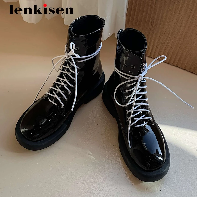 

Lenkisen new arrival short boots hot microfiber mixed colors round toe thick med heel lace up leisure daily wear ankle boots L75