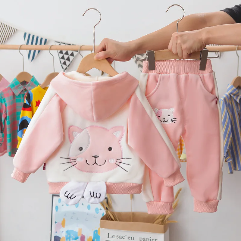 

Children's 2021 New Spring Clothing Pants Autumn Baby Cat Two-piece Set of Children's Suit Gold Velvet Warm Jacket