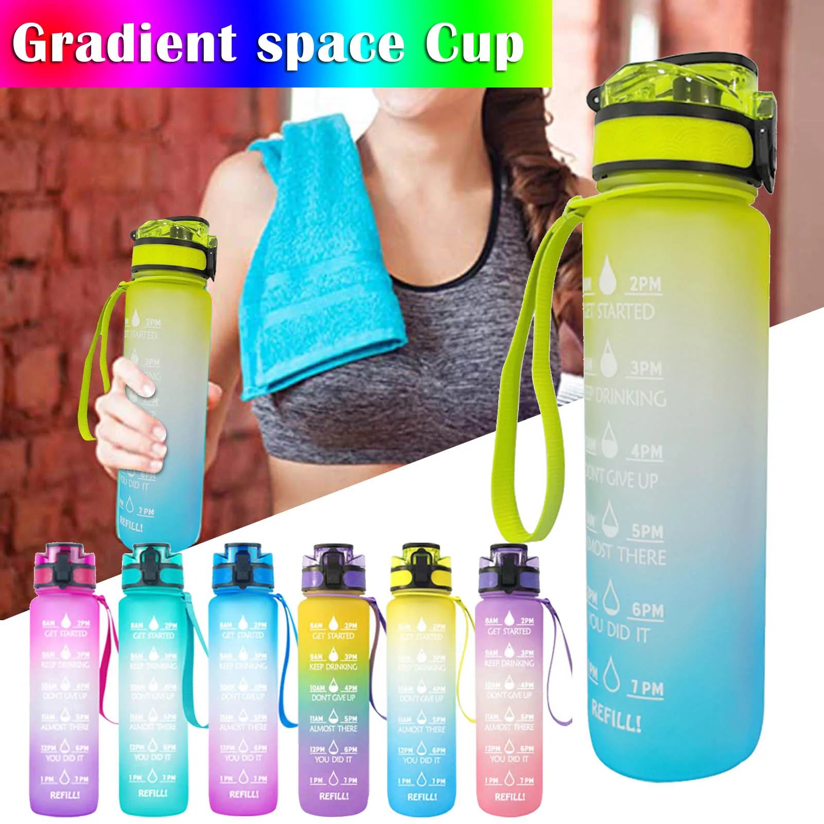 

32OZ Sports Bottle with Time Marker 1000ml Frosted Water Bottle with Flip Top Lid Gradient Color Outdoor Space Cup SM