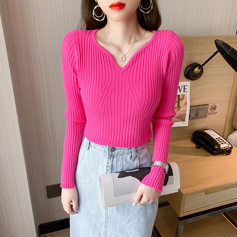 

Women's Knit Sweater Autumn Fashion Korean Version of V-neck Solid High Waist Bottoming Shirt Basic Ladies Tops Woman Sweaters