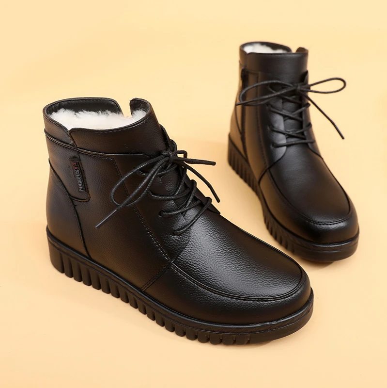Online Genuien Sepatu Bot Pergelangan Kaki Kulit Wanita Sepatu Bot Salju Bulu Hangat Musim Dingin Sepatu Wedges Hitam Untuk Wanita Sepatu Pergelangan Kaki Bagus Musim Dingin Sepatu Bot Empuk