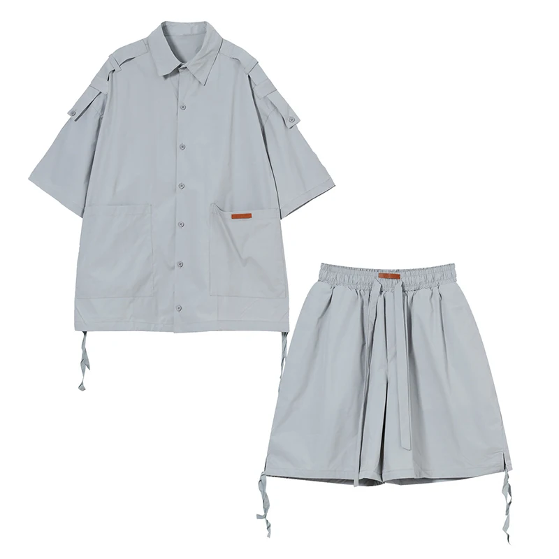 

IEFB Men's 2021 Summer New Korean Trend Sports Suit Solid Color Workwear Shirt + Drawstring Elastc Waist Two Piece Sets 9Y7439