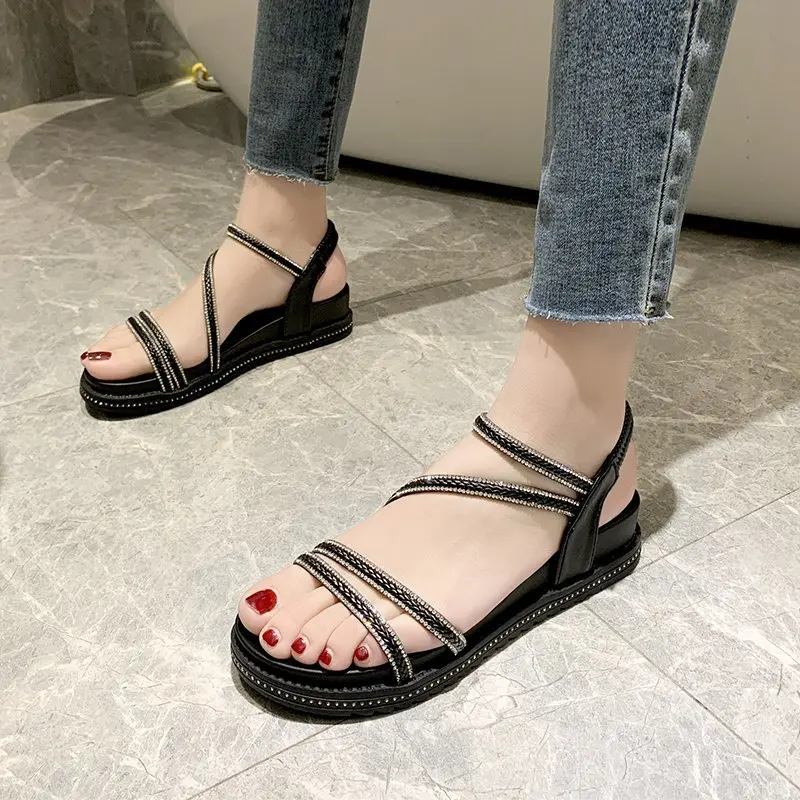 

Sandals Elastic Band 2021 Summer Black Shoes for Women Strappy Heels Soft Slip-on Gladiator Fashion Beige Rhinestone Comfort Ne