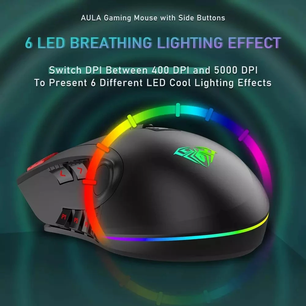 aula h512 rgb backlight gaming mouse 12 buttons programming 5000 dpi optical usb wired mouse with fire keys for laptop desktop free global shipping