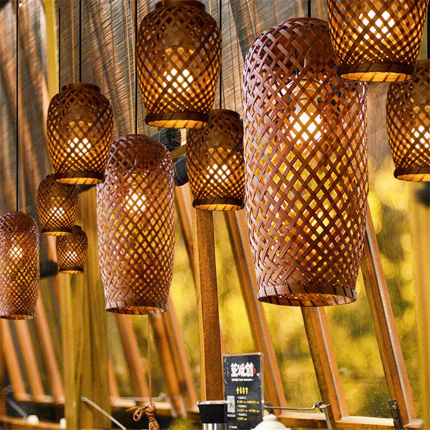 저렴한 Southeast Asia Bamboo Lantern Pendant Lights Dining Room Japanese Lamps Restaurant Living Room Ecological Art Deco Pendant Lamps