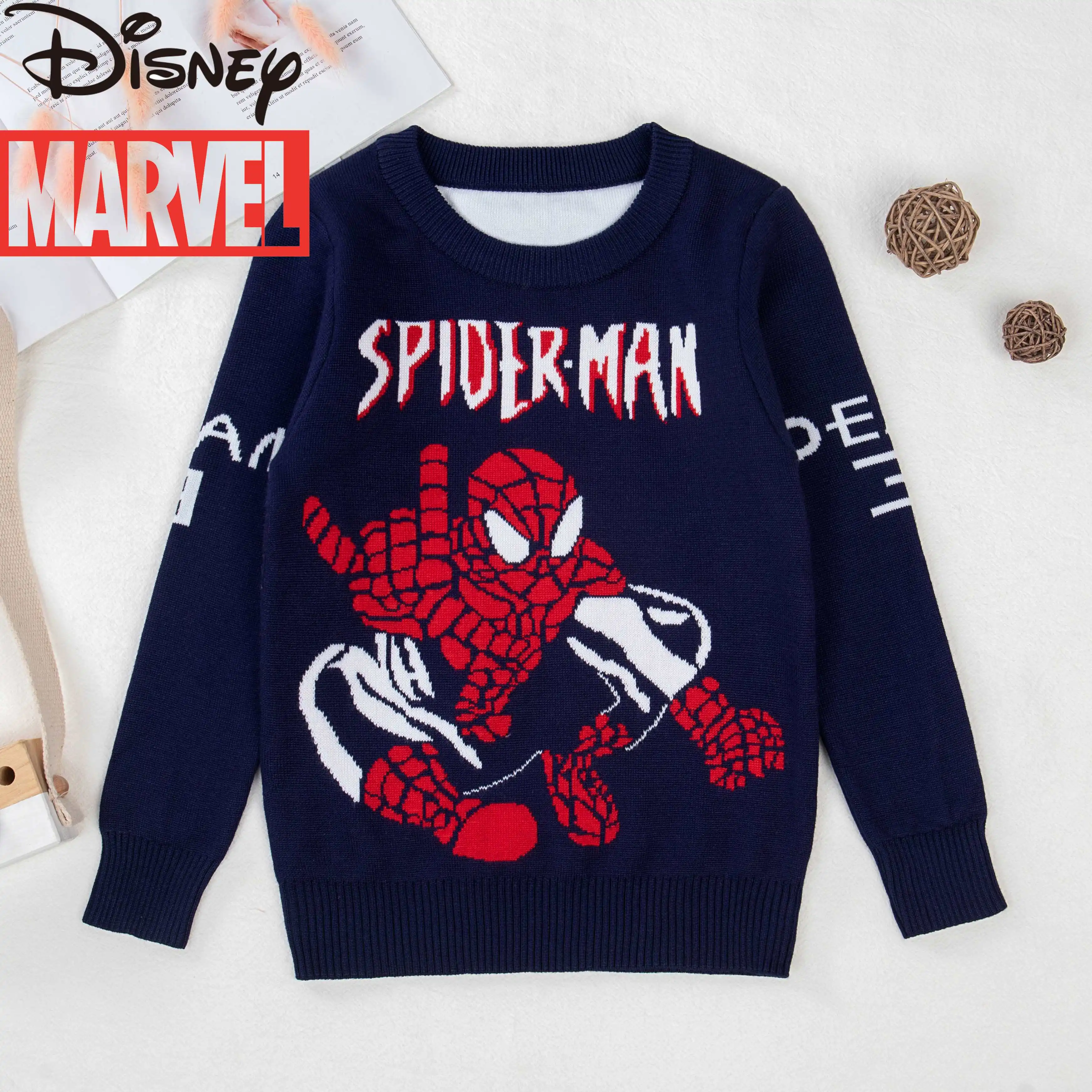 

Disney Marvel 2021 new spider baby knitted sweater boys pullover plus velvet thick autumn and winter bottoming shirt