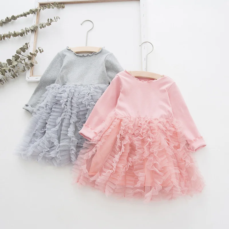 2019 платье для девочек детская одежда с длинными рукавами однотонные хлопковые