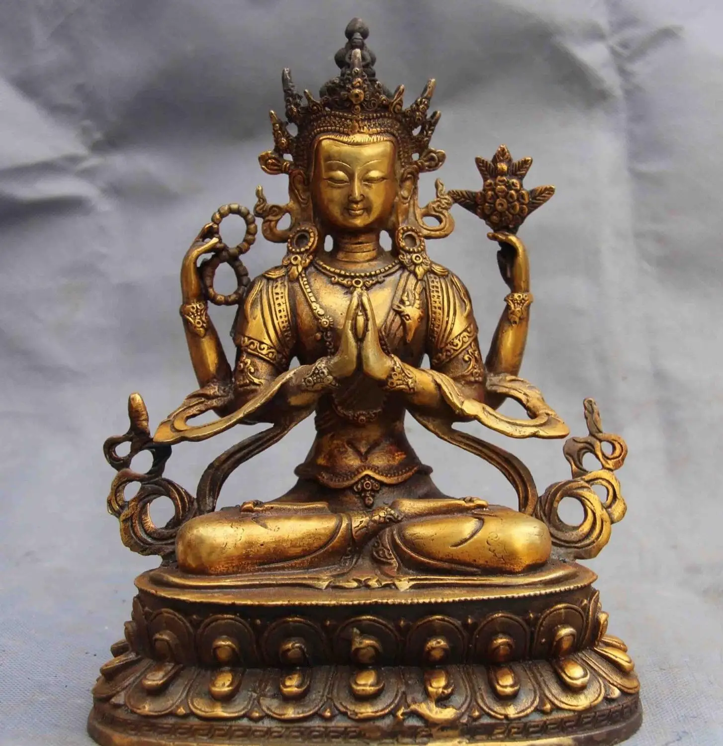 

free shipping Buddhism Copper Bronze Gild Four-armed Avalokitesvara Guan Yin Kwan-yin Statue