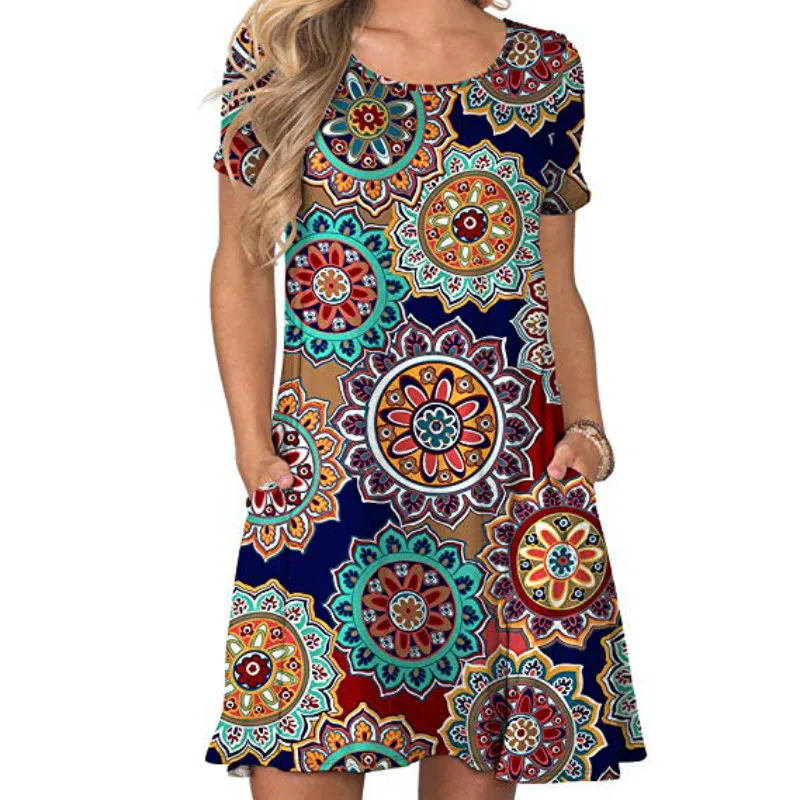 

Summer Maternity Dress Boho Beach Tunic Short Sundress Women Floral Dress Casual Pockets Short Sleeve Print Dresses Sexy Loose