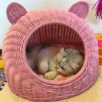 Pet Woven Cave Bed  Woven Imitation Wicker Pet House Basket Bed for Cat/Kitten/Puppy/Dog