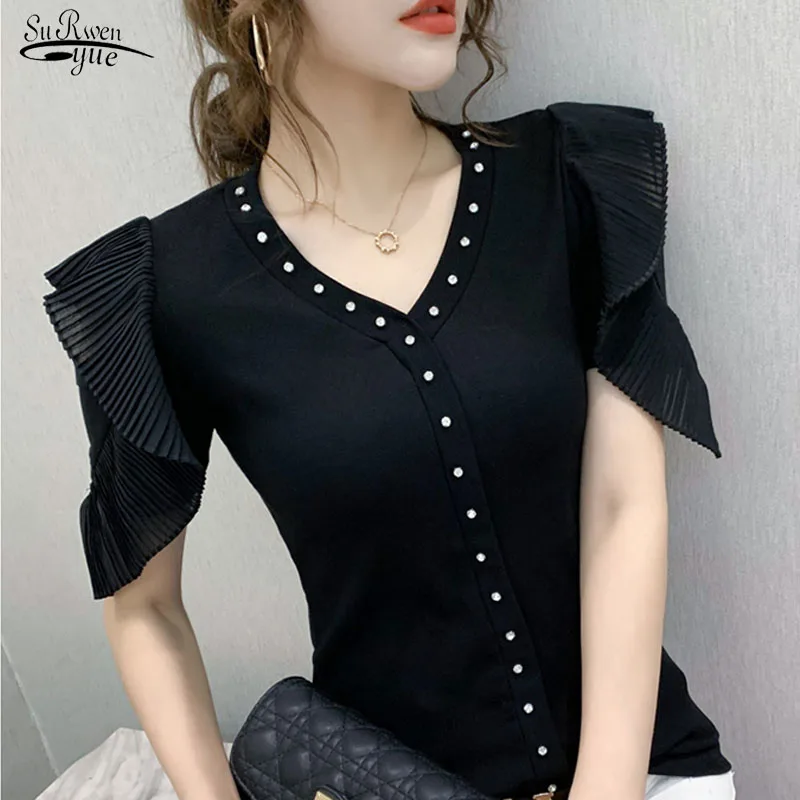 

Blusas Mujer De Moda 2020 летняя блузка Женская Модная трикотажная рубашка с v-образным вырезом повседневные женские топы с коротким рукавом и блузки ...
