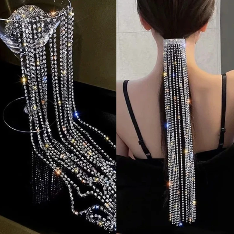 Women Shiny Faux Crystal Tassels Hair Clip Full Rhinestone Long Chain Spring French Barrette Ponytail Extension Hairpins Jewelry