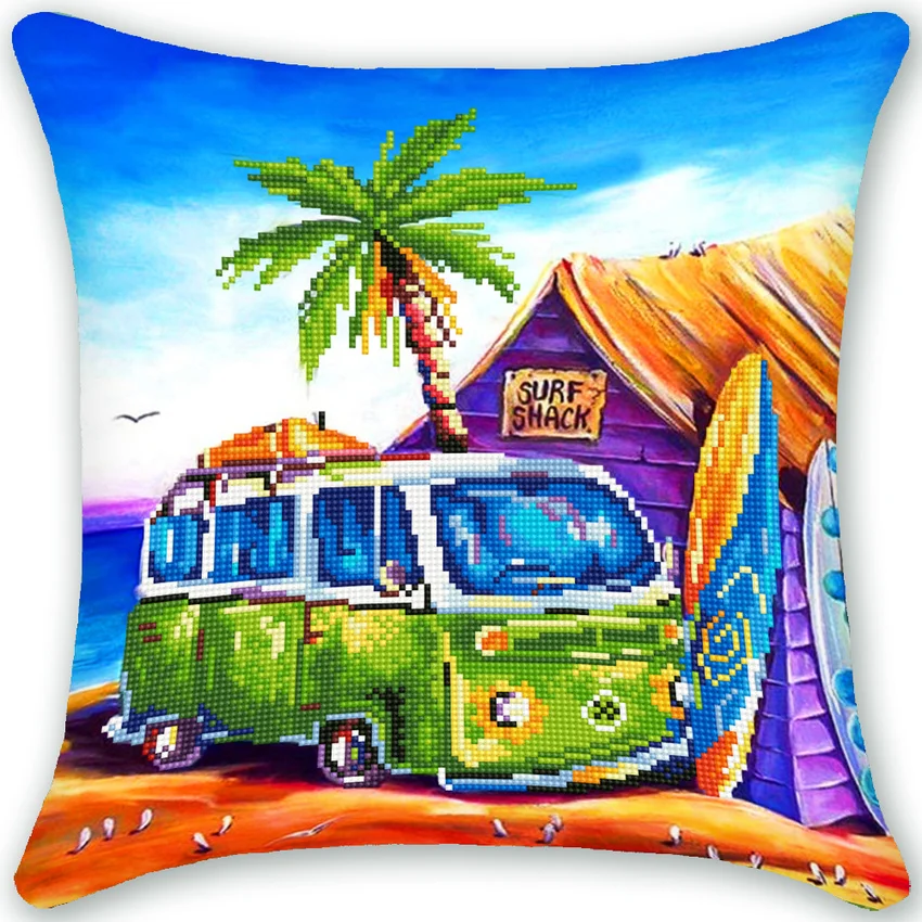 

Partial Round Drill DIY Diamond Painting Landscape Sea House Cushion Cover Pillow Case Decor Room Ship Art Mosaic Cross Stitch