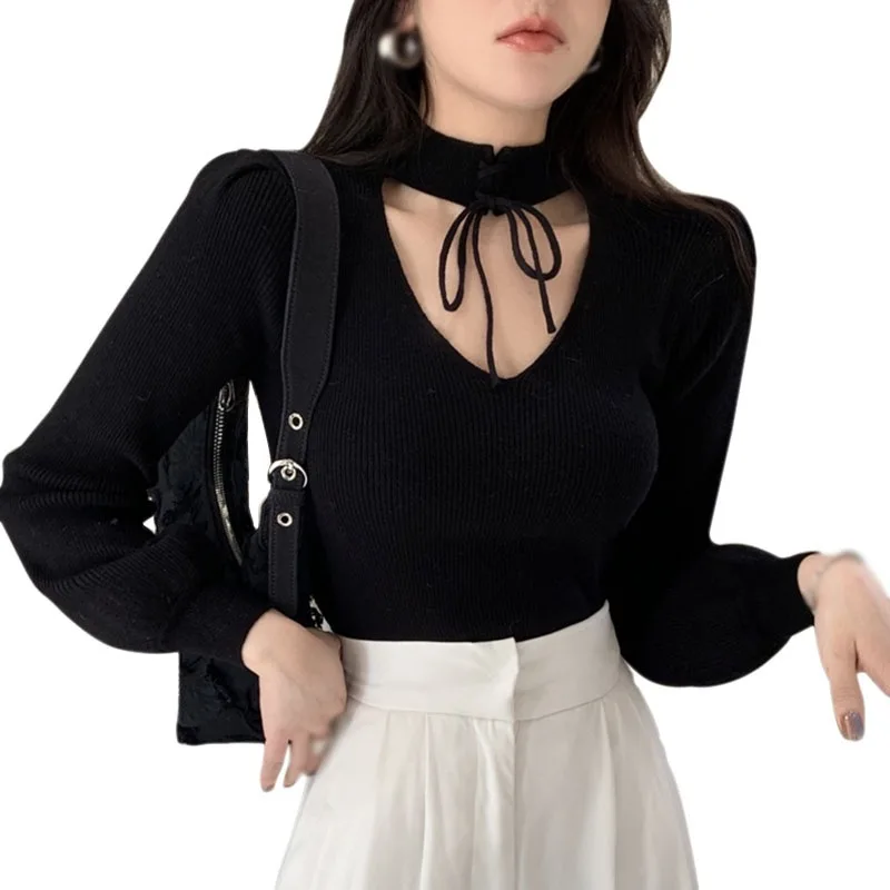 

Spring Autumn Women sweater pullover Knitted V-neck Hollow Halter Design Sense Short Sweater Long-sleeved Top 2021