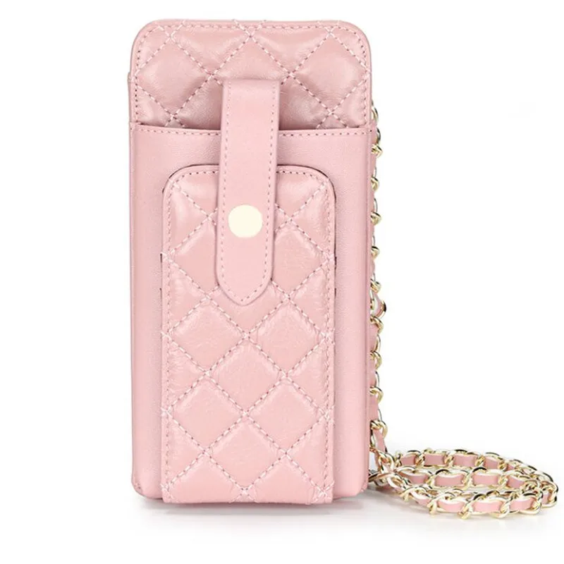 

Genuine Leather Women Mobile Phone Bag Sheepskin Chain Shoulder Messenger Purse Diamond Lattice Clutch Card Holder MINI HandBag