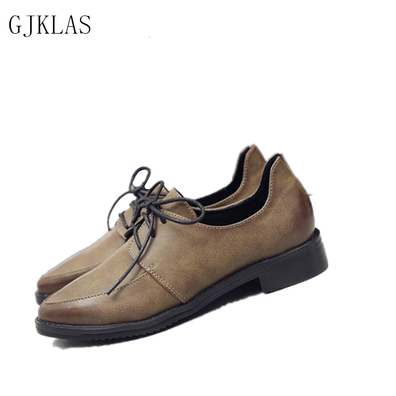 Leather Flat Shoes Women Black Brown Shoes Woman Flat Loafer British Style Lace-up Womens Flat Dress Shoes Zapatos De Vestir