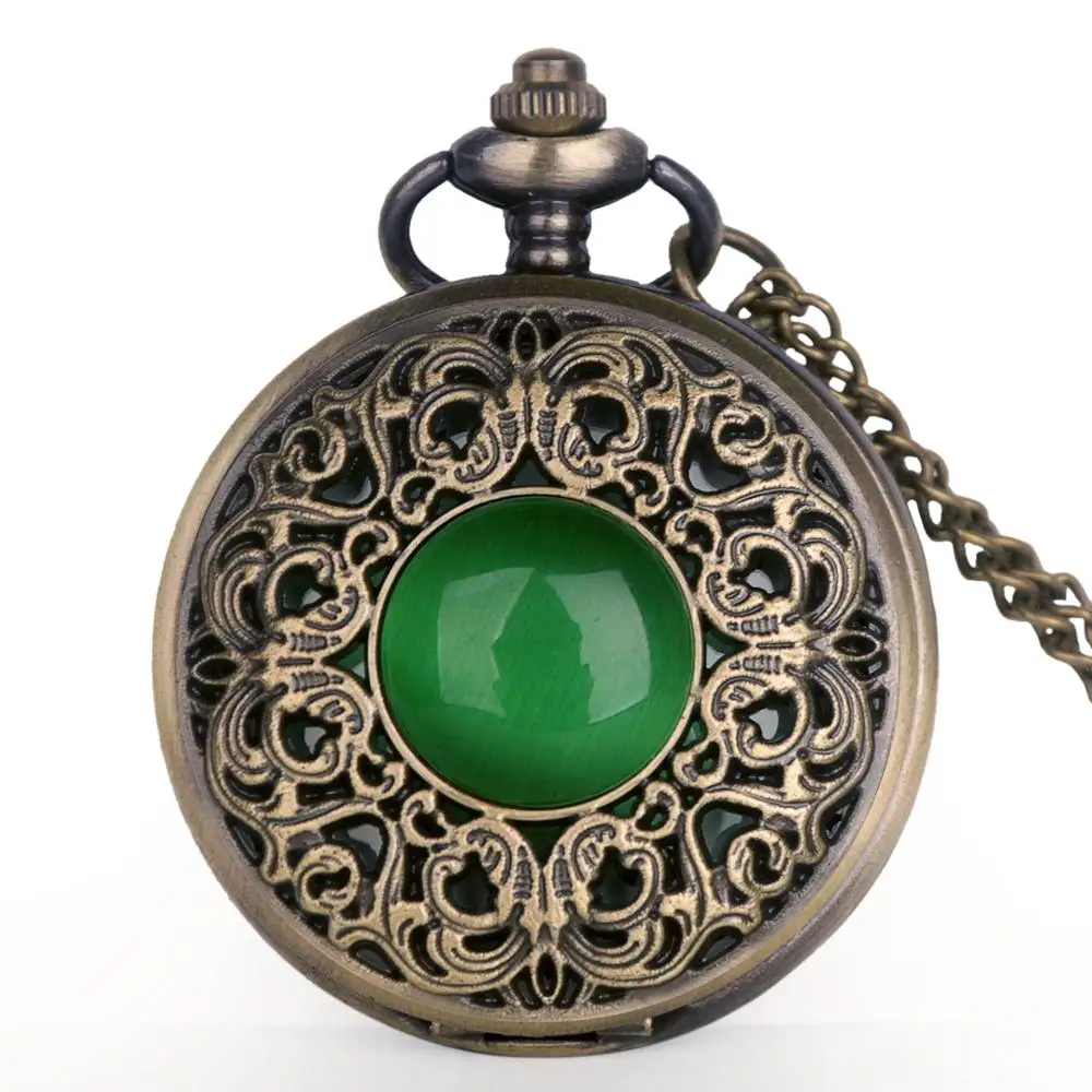 10pcs Antique Steampunk  Hollow Green Crystal Emerald Imitation Stone Quartz Pocket Watch Necklace Woman Fob Watch TD2130