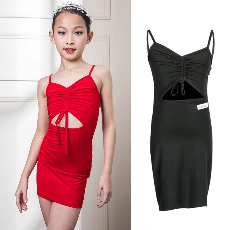 

Детское платье для латиноамериканских танцев, летняя танцевальная одежда с вырезами и кулиской, костюм для соревнований, красное/черное пл...