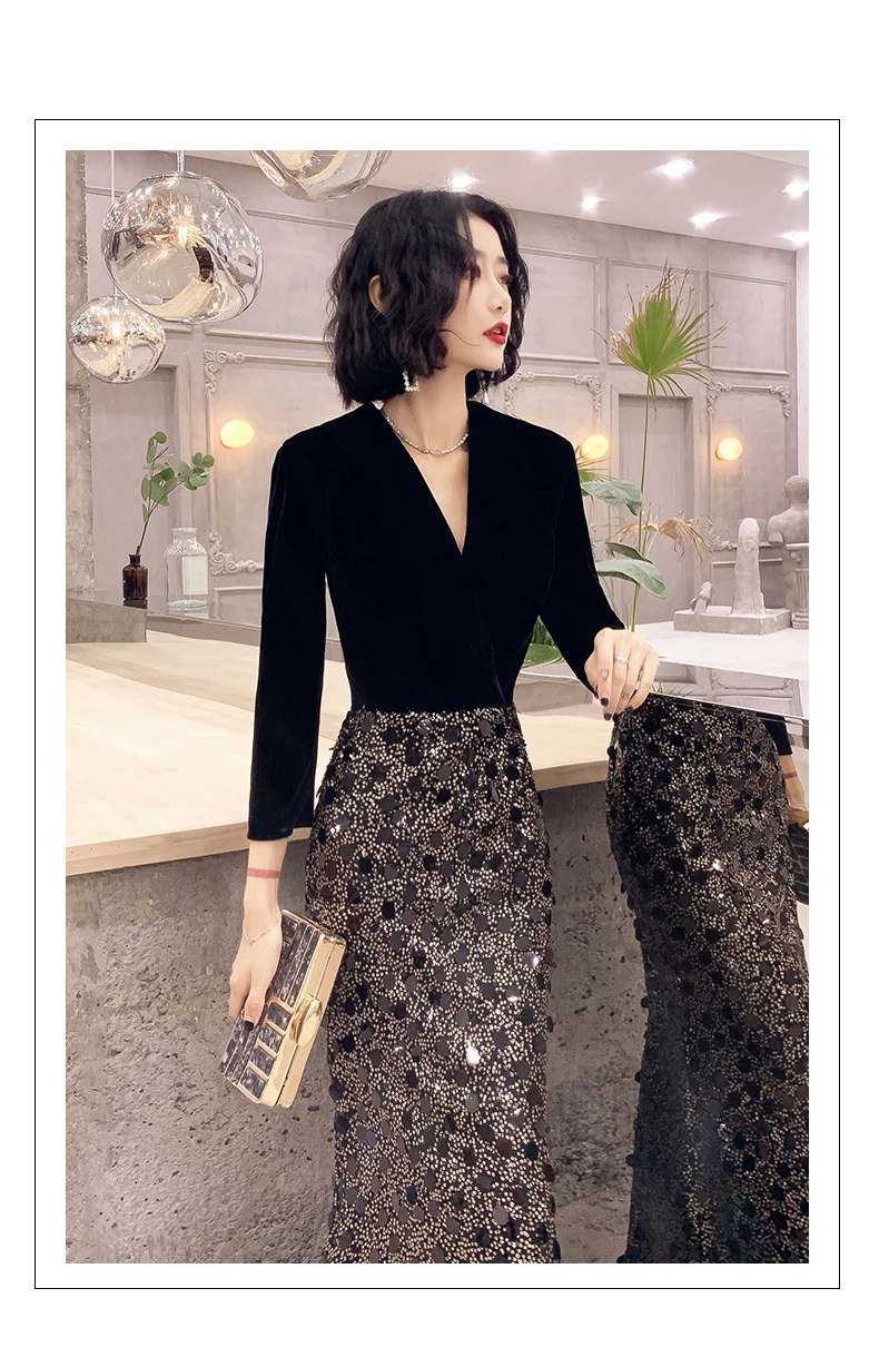 Wei yin AE0264 халат De Soiree Ever стиль сексуальный v-образный вырез с длинным рукавом Русалка Черные Длинные вечерние платья элегантные Abendkleider