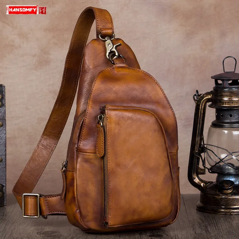 

Men's Handmade Leather Bag Male Bag Shoulder Messenger Bag Retro Chest Bag First Layer Cowhide 2022 New Soft Leather Slit Pocket