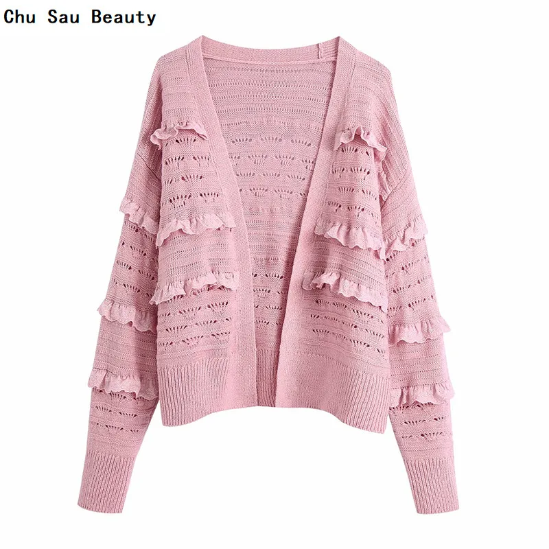 

2021 Za Women's New Pink Lace Knit Cardigan Coat Autumn Sweet & Cute Ruffled Casual Loose Long Sleeve Knitted Textured Jacket