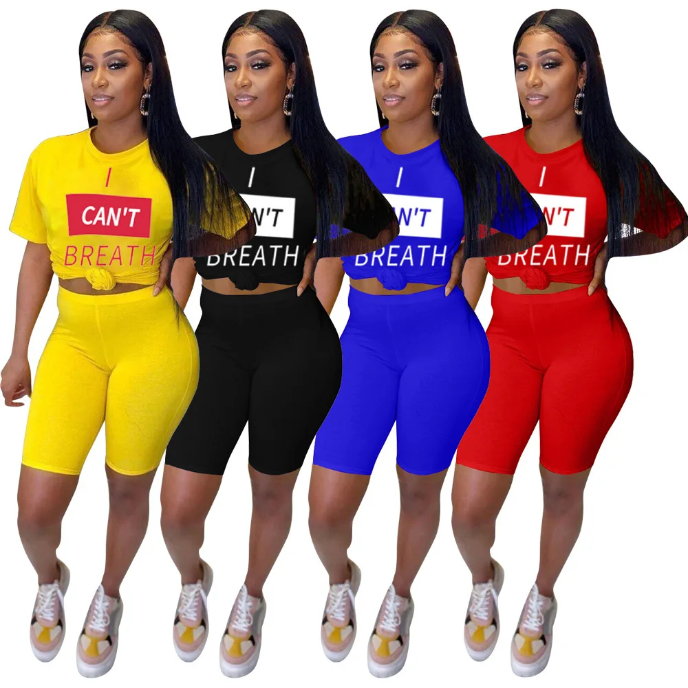 

2020 Summer Suit Sports Style with Letters Casual Printed T-Shirt Shorts Two Piece Set European and American Women 's Clothing