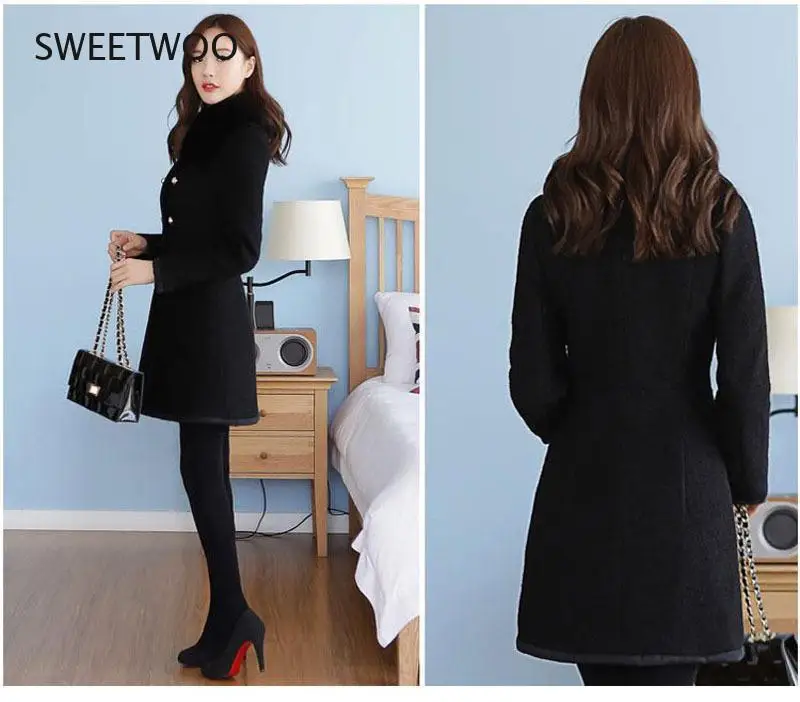 

2021 Autumn and Winter Women's Wool Coat New Fashion Fur Collar Mid-Length Blended Coat Thick Double-Sided Plush Coat with Fur C