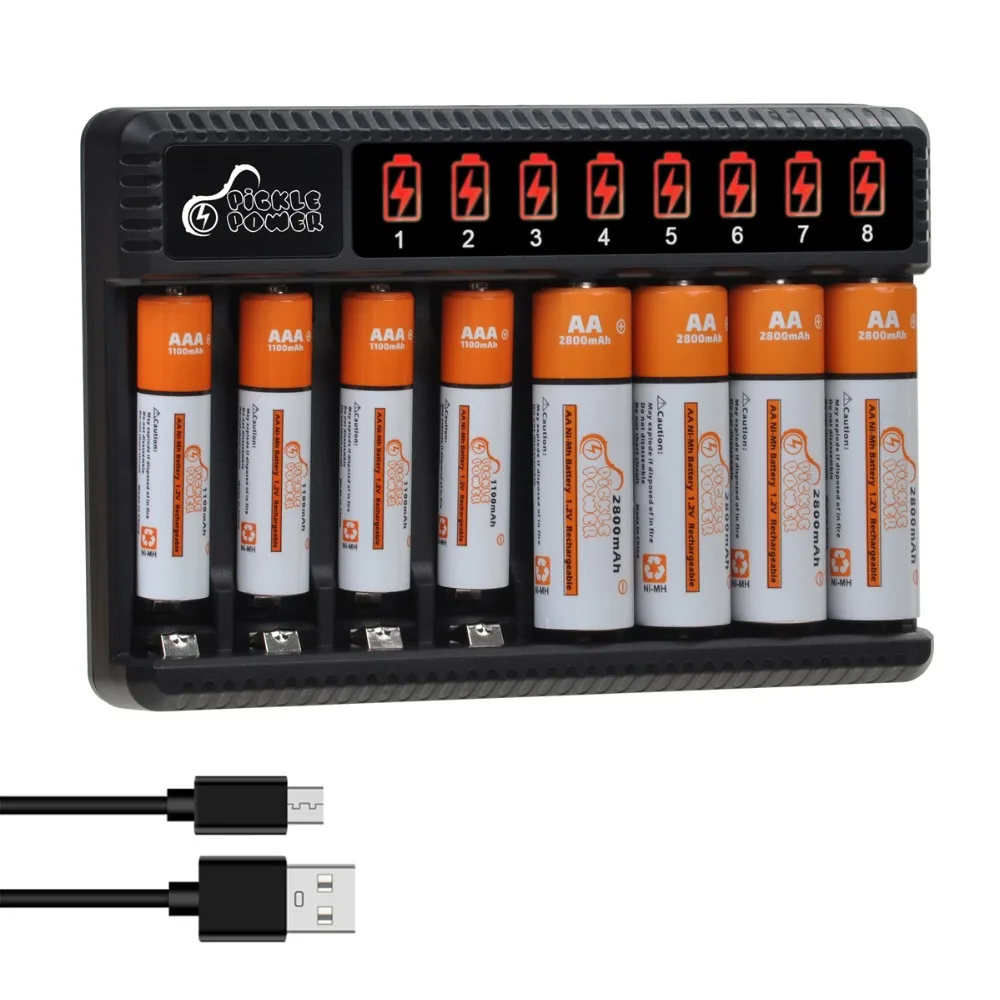 

2800 мАч AA, 1100 мАч, Ni-Mh аккумулятор AAA + 8-слотовое USB-зарядное устройство для пульта дистанционного управления, динамик, машина, электрические иг...