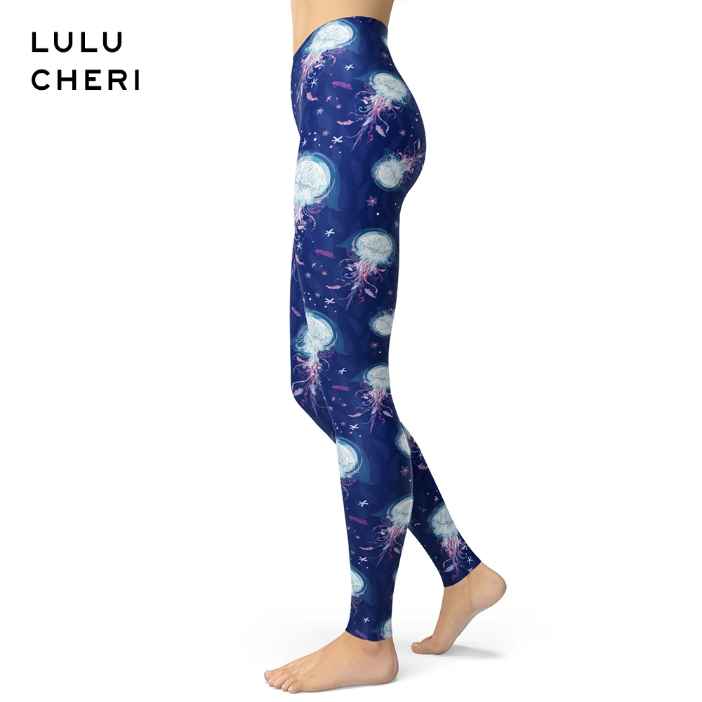 Женские леггинсы с принтом медузы фиолетовые мягкие эффектом пуш ап для фитнеса