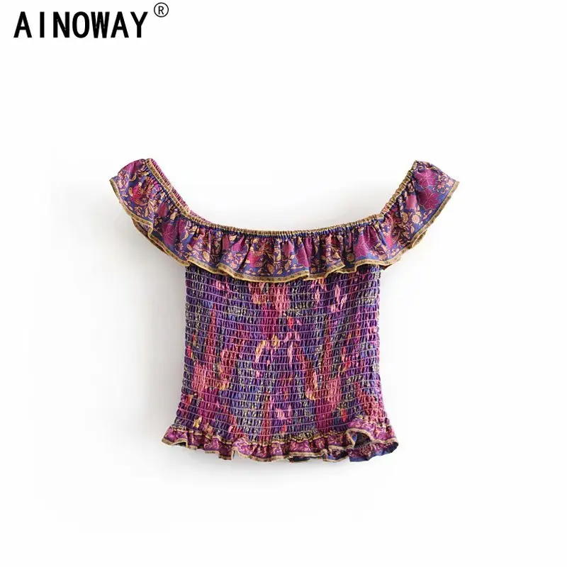 Женский винтажный топ с открытыми плечами вырезом лодочкой и оборками|Футболки| |