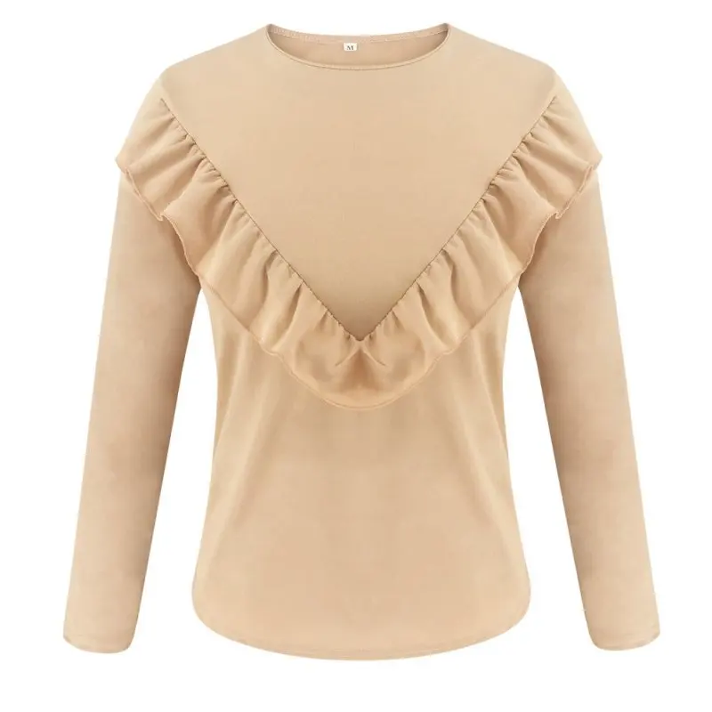 

Long Sleeve Elegant Women Blouses 2021 Lady Office Work Ruffles O-Neck Khaki Shirts Tops White Black Autumn Winter Blusas