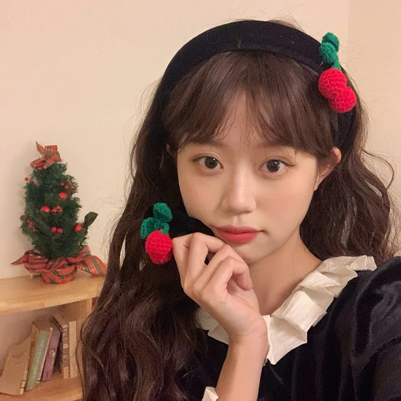 

Women Winter Velvet Wool Knitting Cherry Hairbands Sweet Hair Decorate Headband Hair Clips Hairpins Fashion Hair Accessories