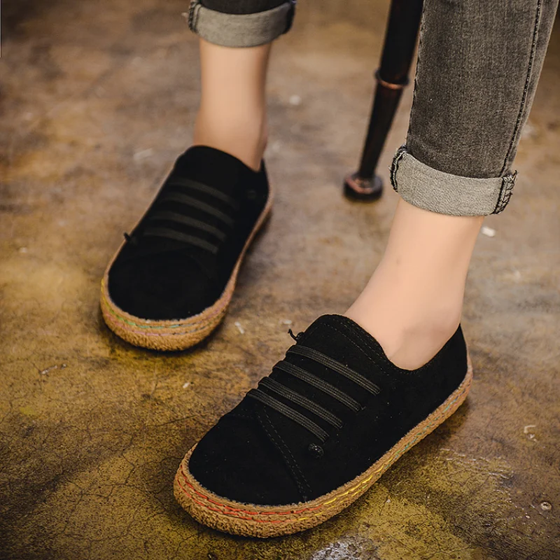 

Hand-Stitched Striped Breathable Elastic Band Women's Shoes Retro Casual Flats Suitable for Wide Leg Sneakers