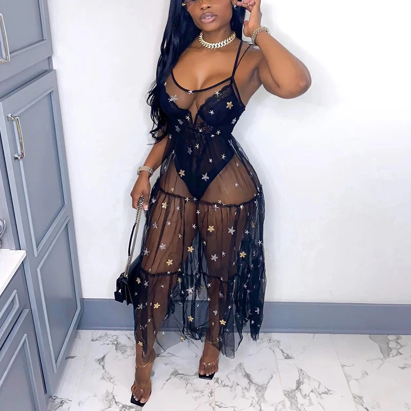 

Women Spaghetti Strap See Through Sexy Star Stamped Beach wind Maxi Dress summer new