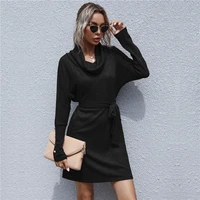 modx 2021 autumn knit pile colla solid color waist mini dress women elegant long sleeve stretch a line casual sweater dress