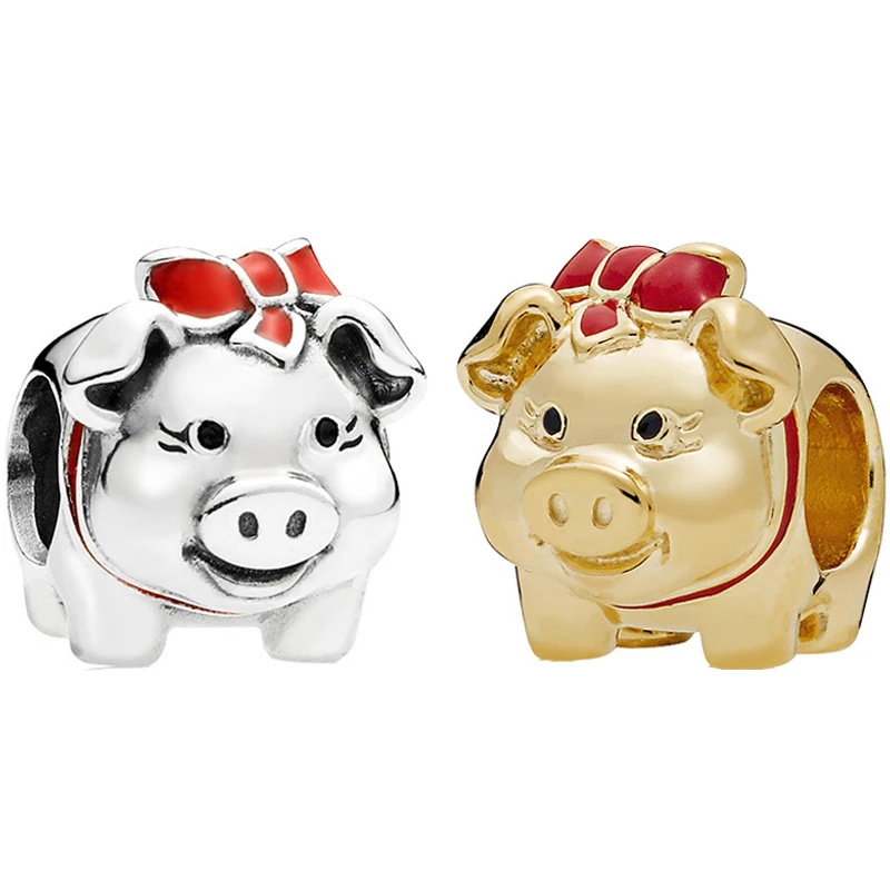 

Fit Original Pan Cute Red Bow Pig Charms Bracelet Women Cartoon Gold Silver Color Piggy Beads for Jewelry Making DIY Bangle Gift