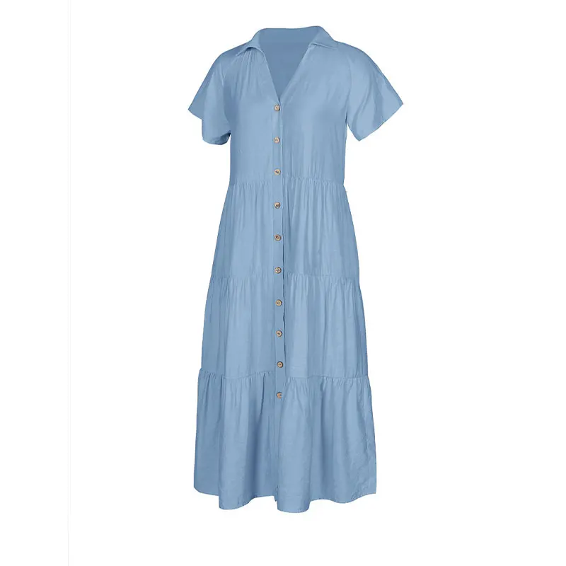

KNOYEER Lady Button Solid Color Long Dress Women 2021 Vintage Turn-Down Collar Casual Loose Short Sleeve Summer Dresses Party