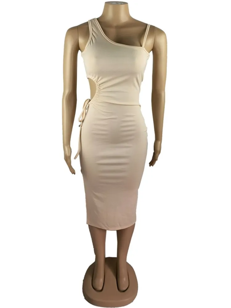 

WJFZQM Sexy One-Shoulder Waist Cut Out Drawstring Bodycon Elastic Over-The-Knee Dresses Spaghetti Strap Midi Dress For Womens