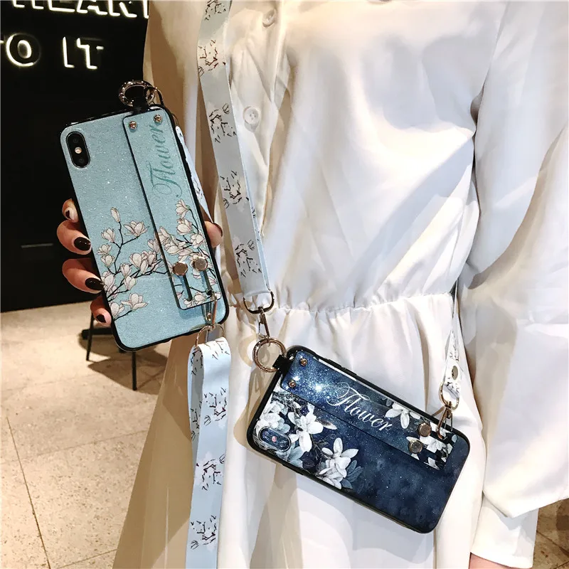 

Glitter Flowers Case For Oneplus 6T 7 7T 8T 9 Pro 9R NORD N10 N100 N200 CE 5G Shoulder Strap Lanyard Chain Phone Cover