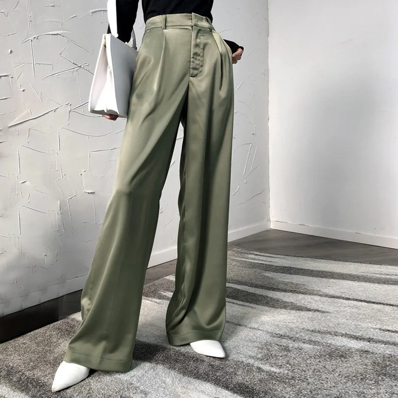 

MOARCHO Casual Straight Satin Commuter Full Length Pants Woman High Waist Pocket Zipper Wide Leg Solid Pants 2021 New Spring