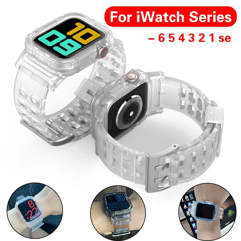 

Transparent Watch Straps and Case for Apple Watch 6 SE 5 4 3 2 Silicone Sport Strap for Iwatch 38mm 42mm 40mm 44mm mixed color