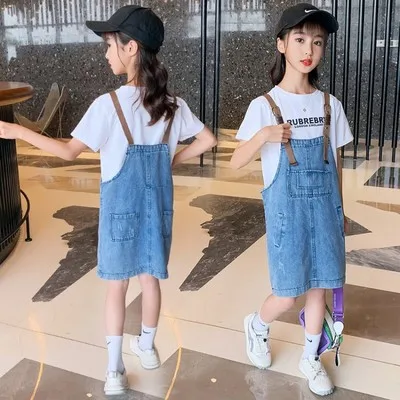 

new teenager 8 9 10 11 years girls clothes set summer print tshirt+Overalls 2pcs cotton kids clothes girls roupa infantil menina