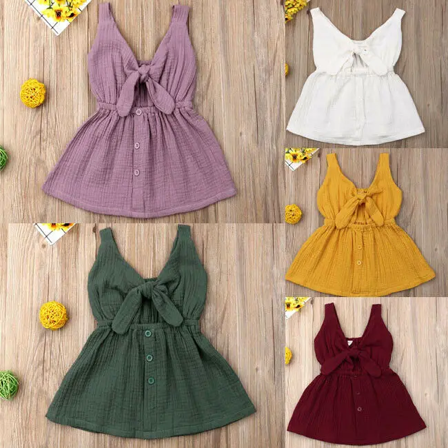 Fashion Toddler Summer Baby Girl Dress Cotton Linen Button Solid Color Sleeveless Party Sundress | Детская одежда и обувь