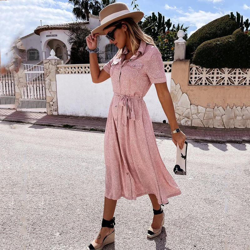 

Summer Woman Casual Print Single Breasted Belt shirt Dress 2021 Fashion Elegant Ladies Short Sleeve Buttons Boho Beach Dresses
