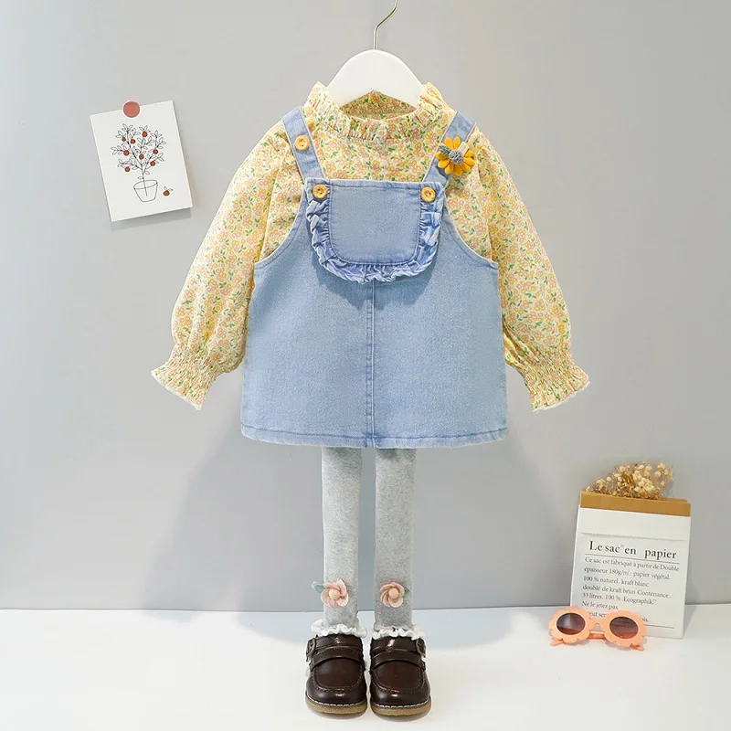 

0-4 year old baby children's suit 2022 new baby long sleeve suit spring and autumn girls' floral shirt denim skirt suit